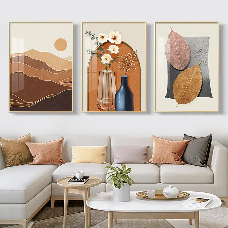北欧三联沙发背景墙壁画现代简约轻奢挂画橙色客厅小清新装饰画