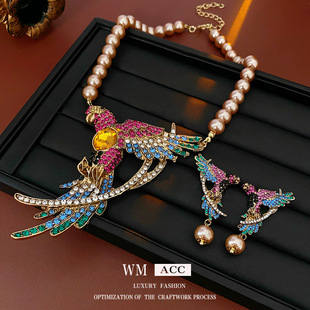 满钻彩色小鸟中古vintage项链时尚 复古宫廷风轻奢高级感小众首饰