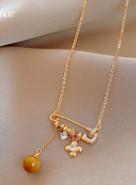 轻奢小众虎眼石锆石花朵别针项链