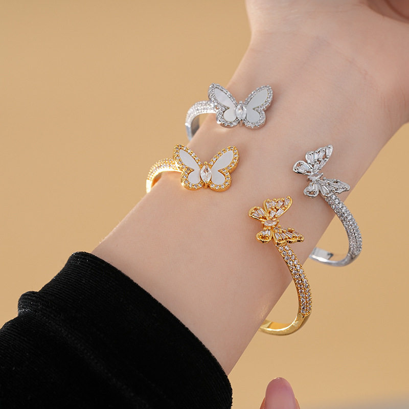 韩版锆石贝母蝴蝶开口手镯时尚简约手环轻奢高级感小众手饰饰品女