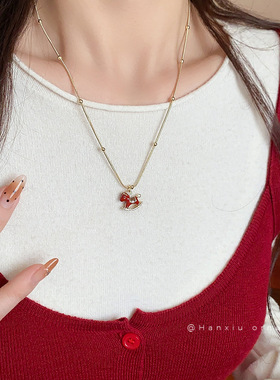 红色滴油小马珍珠项链