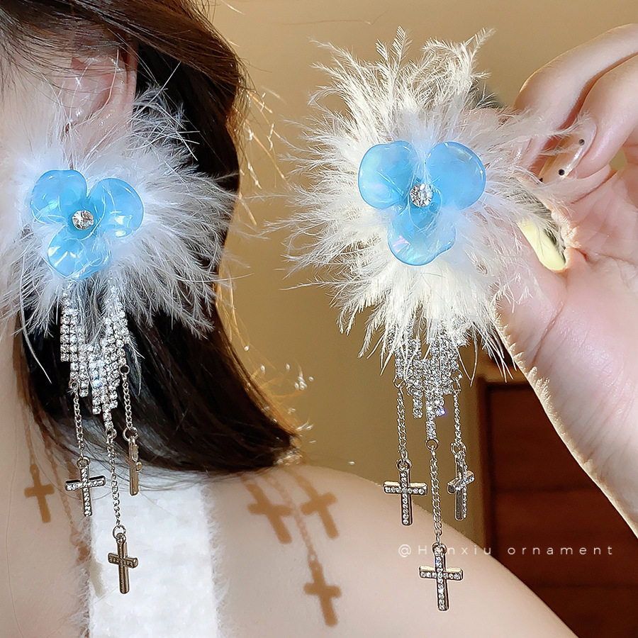 羽毛十字架锆石花朵流苏耳钉甜美气质百搭耳环轻奢高级感小众耳饰