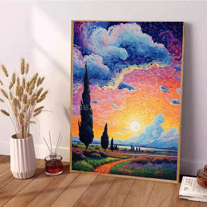玄关DIY方钻满钻钻石画梵高x风格日落晚霞小路丝柏树黏贴钻十字绣,居家布艺,钻石绣,淘宝优惠券,粉丝福利购,淘宝优惠卷