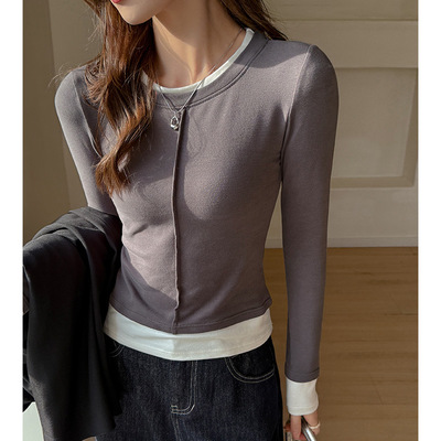 韩系假两件长袖打底衫女修身正肩撞色中缝线设计早秋上衣