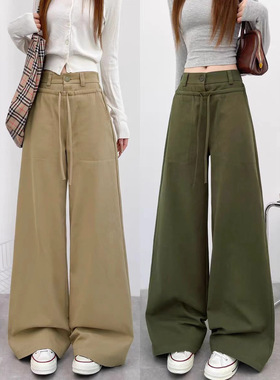 2026春新款韩系女休闲阔腿裤高腰抽绳垂感直筒卡其色