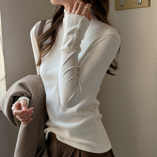 白色仿羊绒女士秋冬设计感半高领磨毛打底衫长袖内搭显瘦保暖