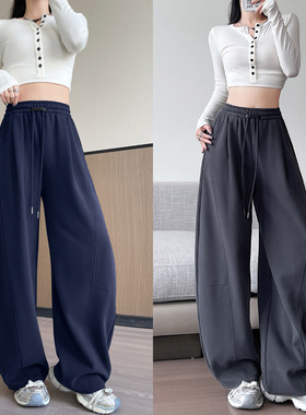 灰色美式弯刀卫裤女秋季新款大码胖mm休闲宽松显瘦运动阔腿裤