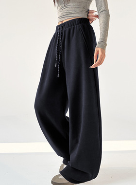 秋冬女款加绒加厚复古阔腿裤香蕉弯刀暖绒卫裤