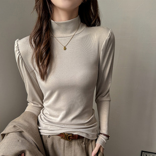 韩版泡泡袖半高领天丝打底衫女纯色可外穿上衣