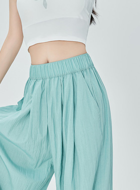 夏季新款冰丝阔腿裤女蓝色禅意慵懒显瘦高腰休闲裤