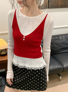 衣尔衫 甜甜糖 羊毛假两件薄款氛围感显瘦短款撞色针织衫女