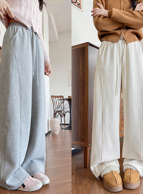 秋冬新款高克重加绒运动裤女宽松直筒高腰显瘦阔腿裤