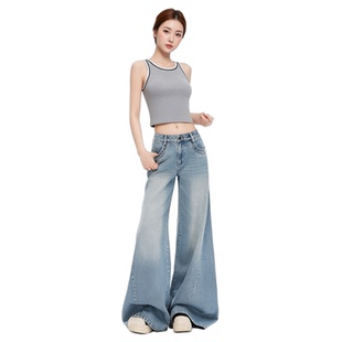 美式复古做旧高腰拖地喇叭裤女宽松显瘦阔腿牛仔裤