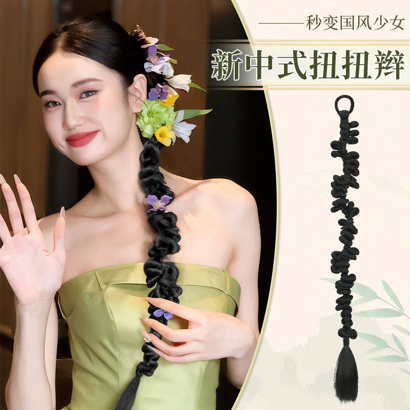 假发辫子新中式秀禾侧扎麻花辫新娘鲜花造型旗袍头饰假发马尾辫子