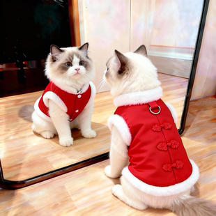 新年猫咪衣服秋冬季保暖加绒喜庆盘扣唐装宠物小型犬狗狗拜年马甲