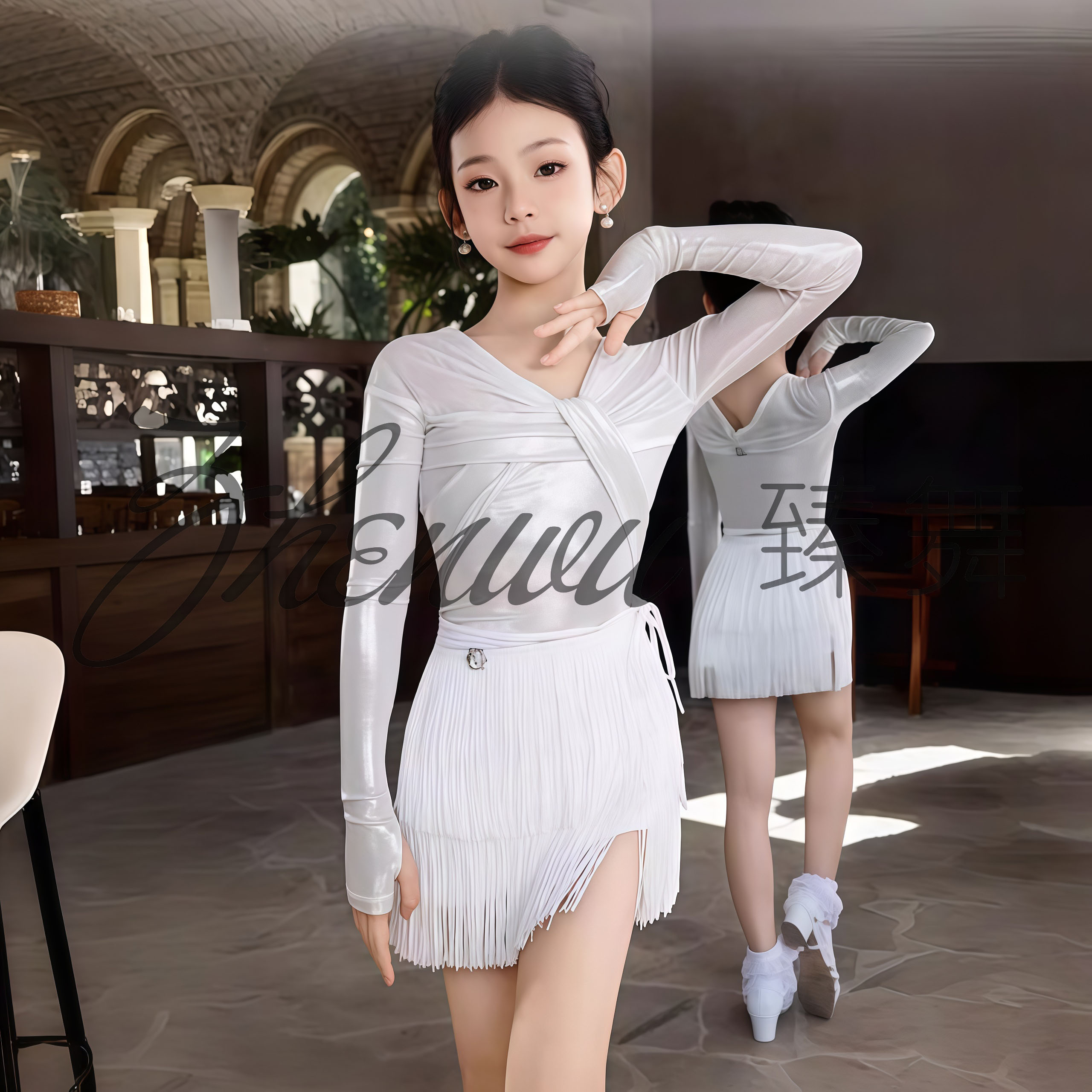 秋季拉丁女童长袖上衣流苏绑带裙