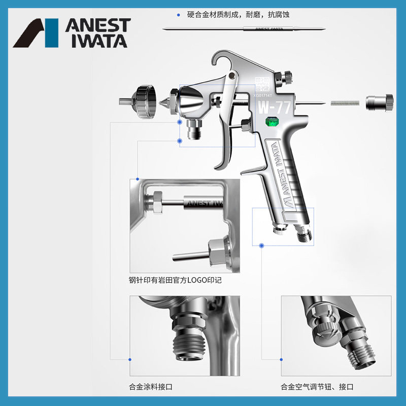 W-77大口径日本岩田进口喷漆枪气动油漆家具汽车底漆面漆胶水喷枪
