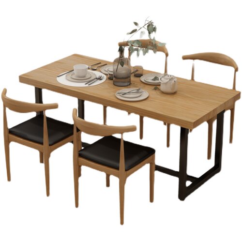 新品铁艺实木餐桌k简约食堂饭店餐厅长方形桌椅组合北欧家用小户