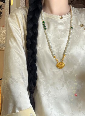 新品新中式平安锁吊坠绿s玛瑙串珠项链女复古国风旗袍马面裙汉服