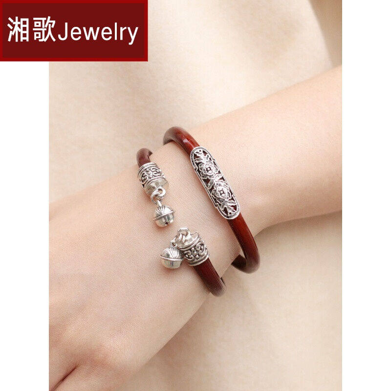 极速湘歌鸡血藤手镯男女款无x节藏银挂坠铃铛藤镯西藏饰品藤木镯