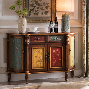 极速欧式 乡村餐边柜玄关台复古储物柜彩绘1.4米备 玄关柜实木美n式