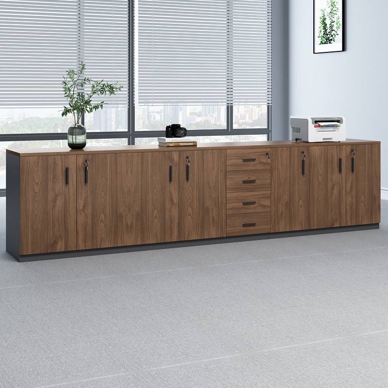 极速黑色文件柜矮柜木质落地带锁收纳柜办公室P印表机茶水柜隔断