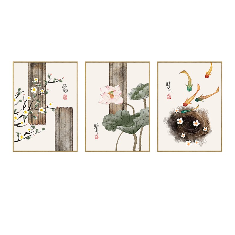 极速茶室禅意水墨荷花装饰画新中式餐H厅背景墙彩绘吉祥壁画鲤鱼图片