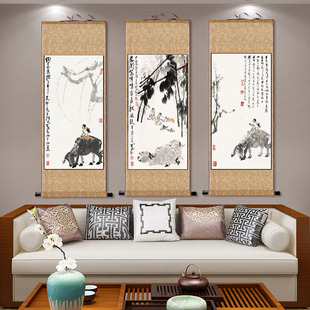 新品李可染白描新款牧牛图卷轴画水墨画丝绸国R画瀑布绢画布艺装