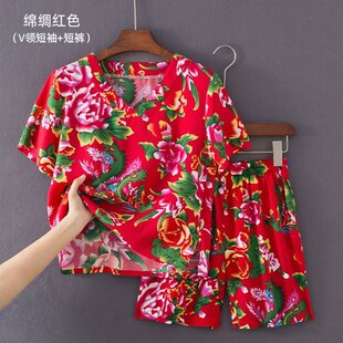 舞 姐妹闺蜜装 极速东北风d大花布衣服套装 网红夏天男女棉绸T恤短裤