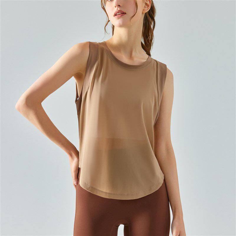 新品薄纱透明瑜j伽服罩衫背心女外搭速干网纱健身运动上衣轻薄宽