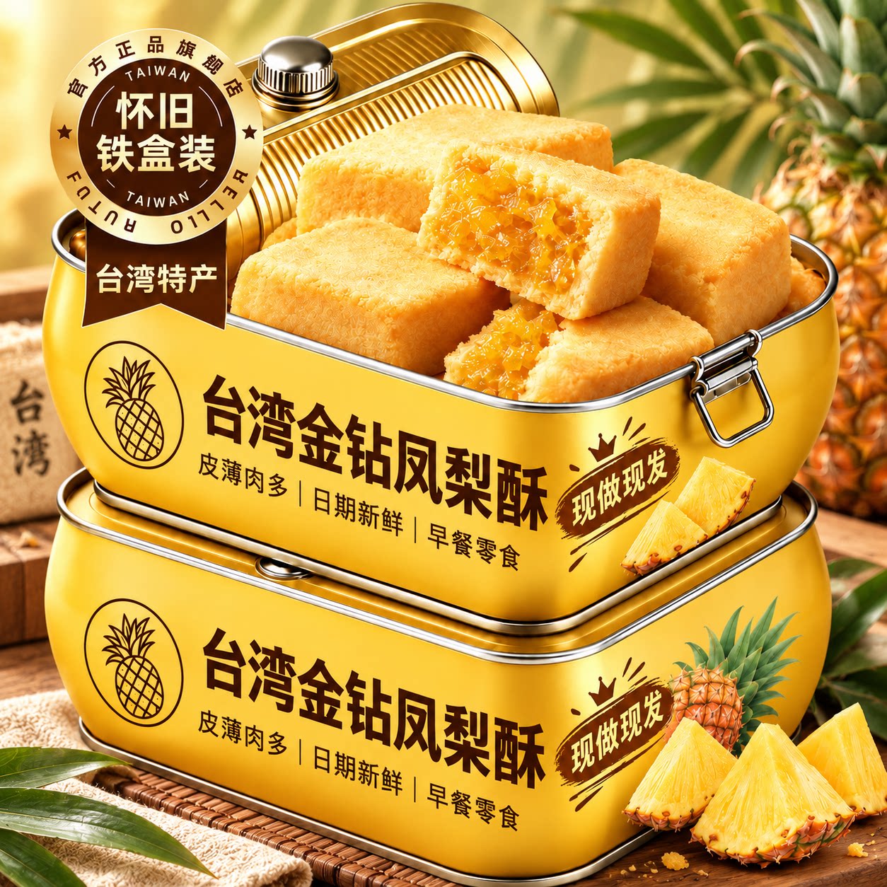 台湾凤梨酥铁盒装手工馅料早餐点心下午茶伴手礼中式糕点零食盒装图片