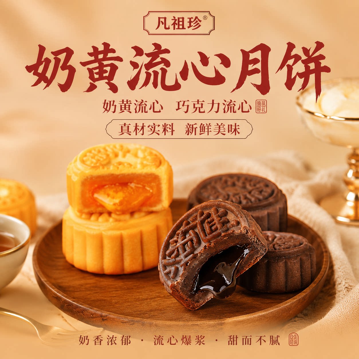 广式流心奶黄月饼礼盒装广式巧克力味月饼散装批发多口味中秋送礼