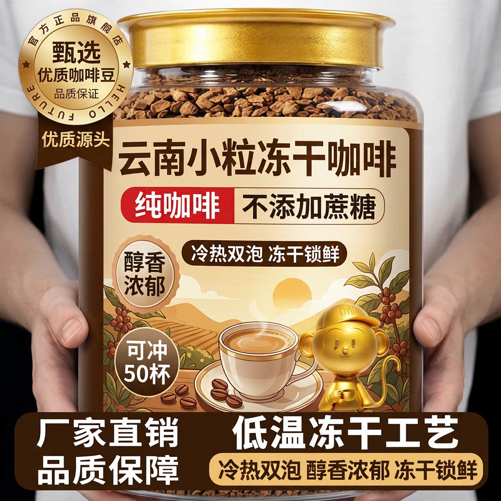 云南农科院冻干咖啡速溶咖啡粉小粒学生提神美式云摩黑咖啡无蔗糖