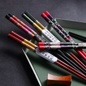 家用日式 印花彩色筷子清洗方便情侣一人一双防滑耐高温尖头木筷子