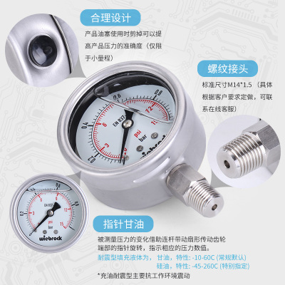 压力表EN-837进口式全不锈钢YN60BF耐腐蚀耐高温0-1.6mpa水压液压