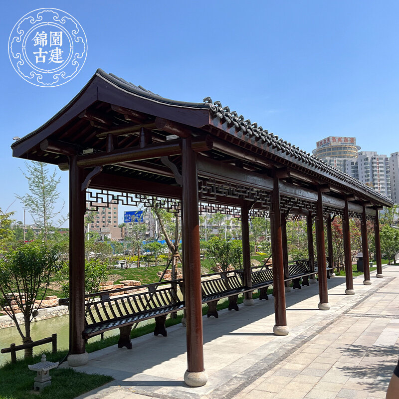 古建防腐木文化长廊新中式室外菠萝格水榭亭户外花园景观公园凉亭