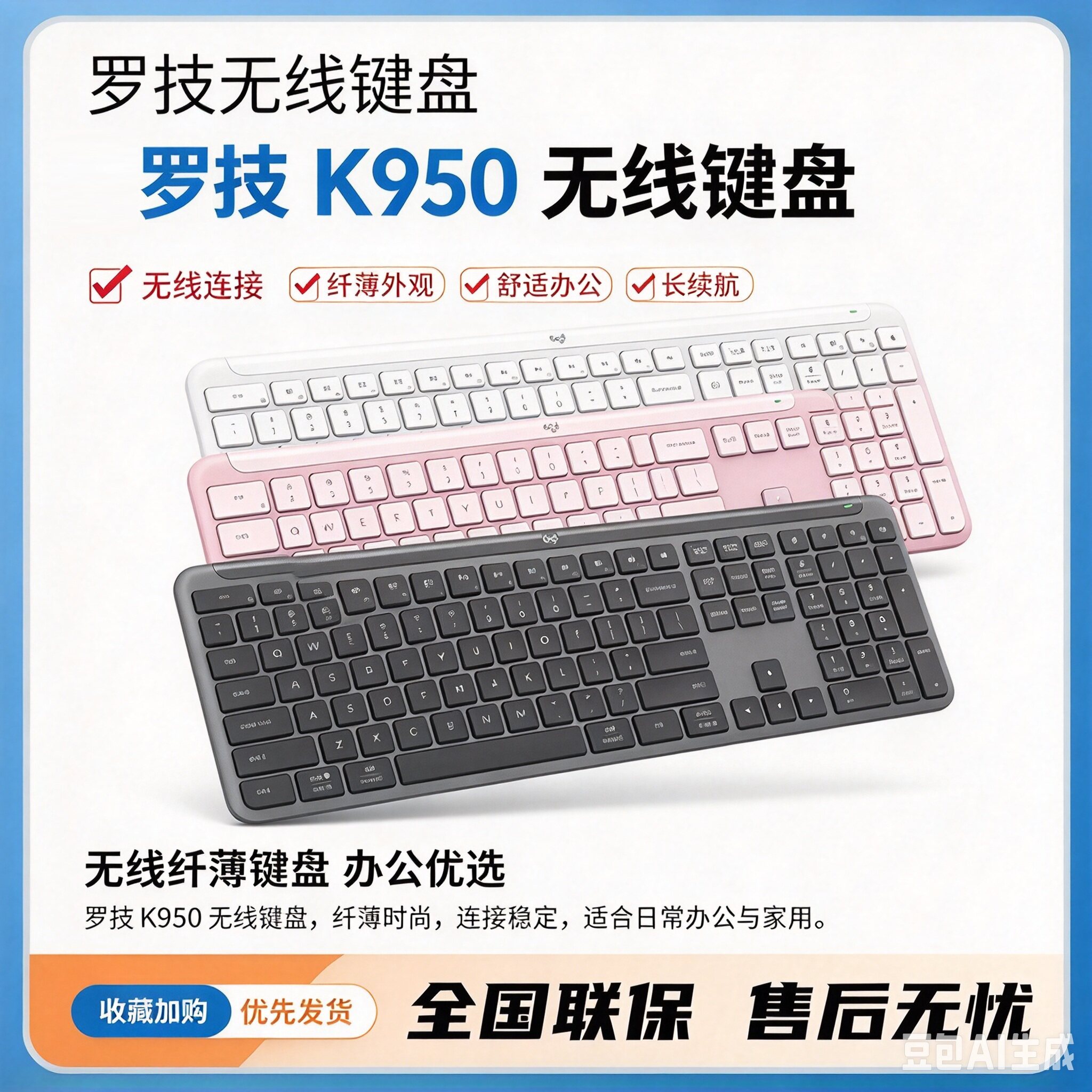 罗技K950无线蓝牙键盘超薄双模连接MK950商务办公键鼠套装