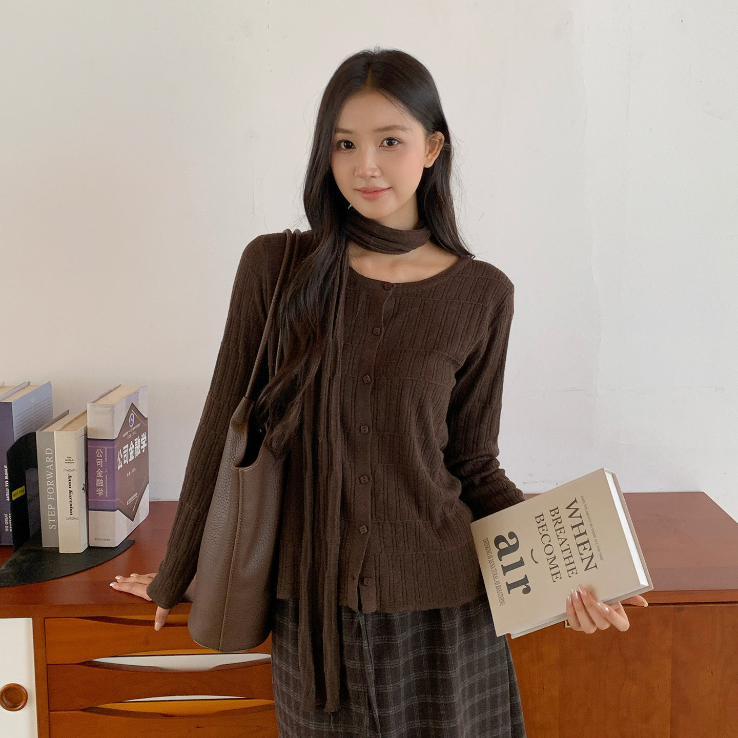 makeART美式复古设计感修身针织开衫女秋季新款内搭打底长袖毛衣