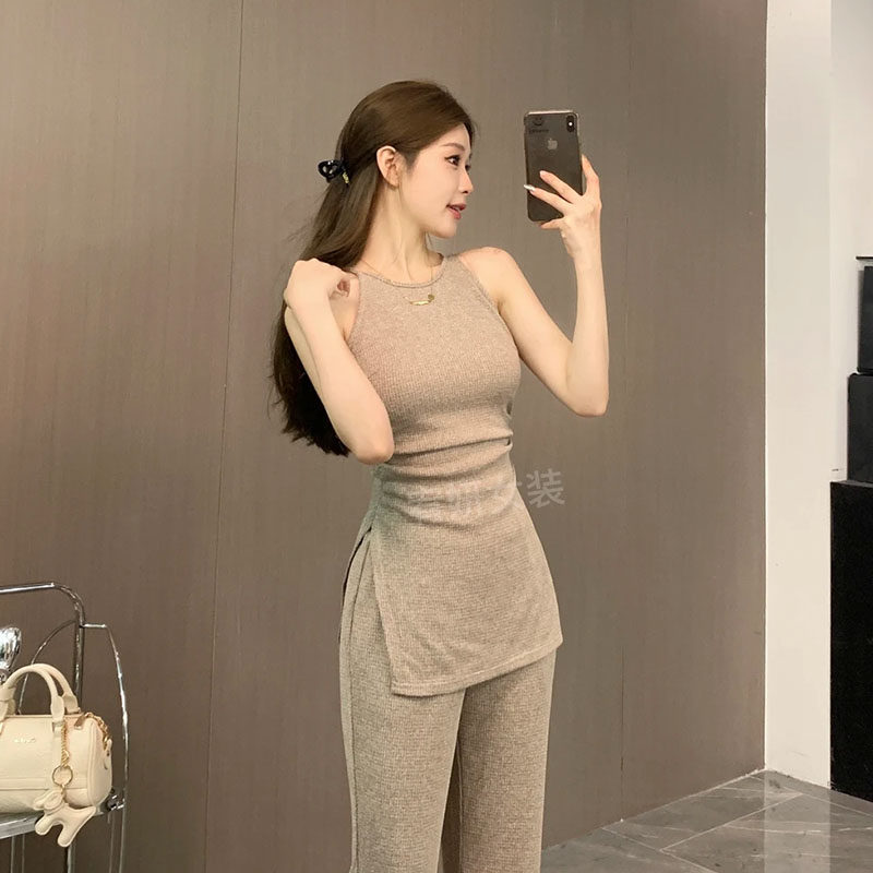 甜辣妹修身显瘦针织无袖上衣休闲裤子气质夏季套装女装时尚两件套