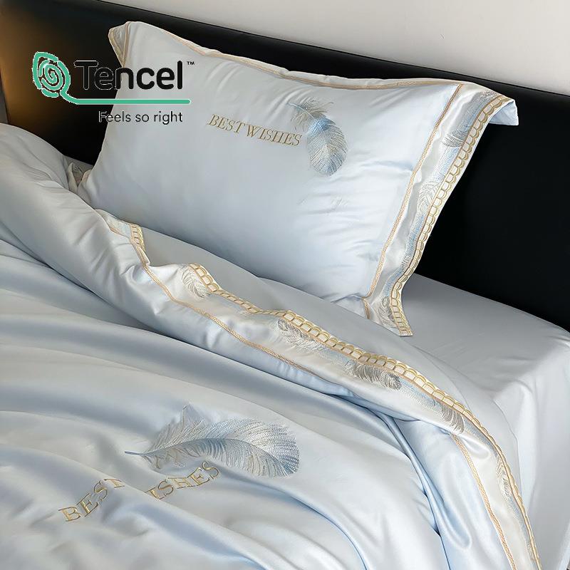 春夏100支双面天丝四件套简约羽毛刺绣凉感裸睡被套床单床上用品