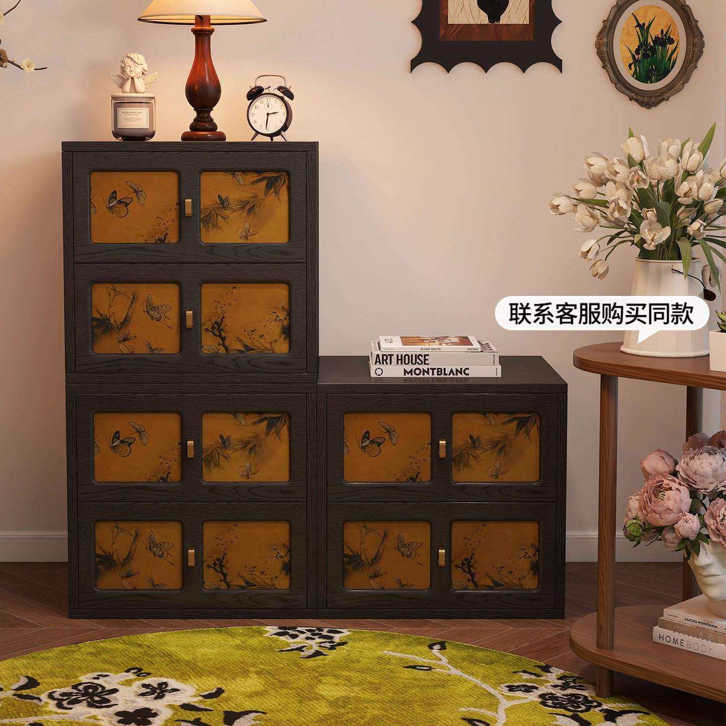 中古风实木斗柜客厅法式复古组合柜靠墙置物柜香云纱卡门柜收纳柜