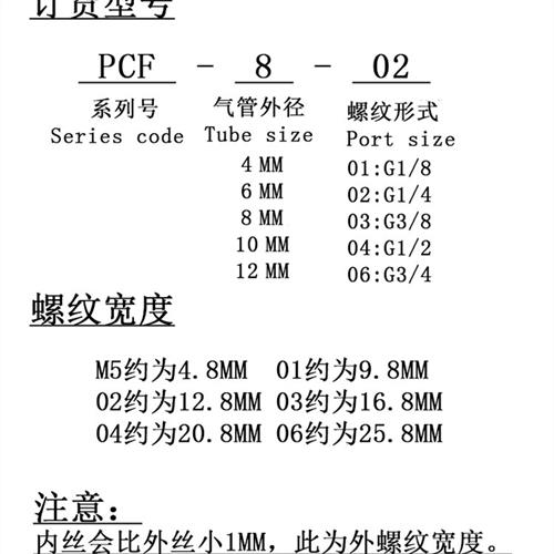 铜内螺纹内丝气动快速接头直通气管快插PCF6-01/8-02/10-03/12-04