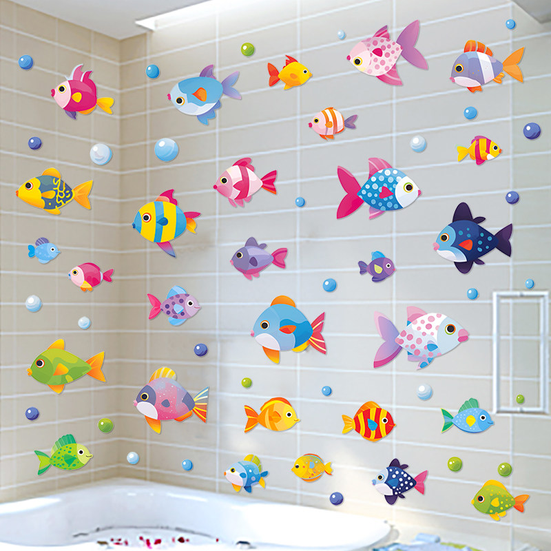 防水浴室墙贴卡通简约儿童房卧室卫生间蓝色海洋小鱼泡泡贴纸,家居饰品,软装墙贴,淘宝优惠券,粉丝福利购,淘宝优惠卷