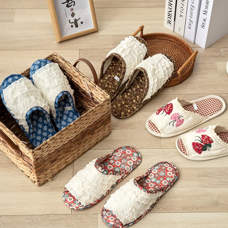 外贸全棉布艺女h士居家拖鞋防滑室内软底静音木地板鞋可机洗纯手