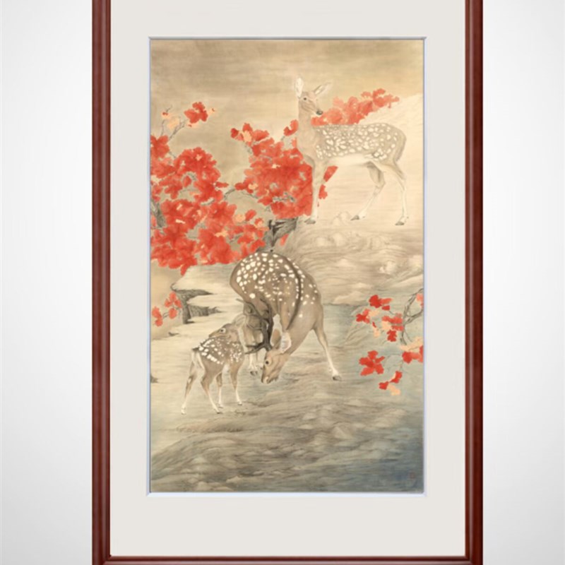 中式玄关过道走廊餐厅书房装饰画D国画竖版工笔画鹿挂画字画书画图片
