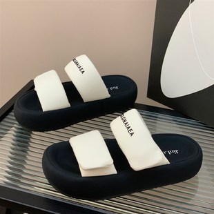凉拖鞋 面包 女夏外穿2025新款 踩屎感厚底F海边魔术贴沙滩一字拖鞋