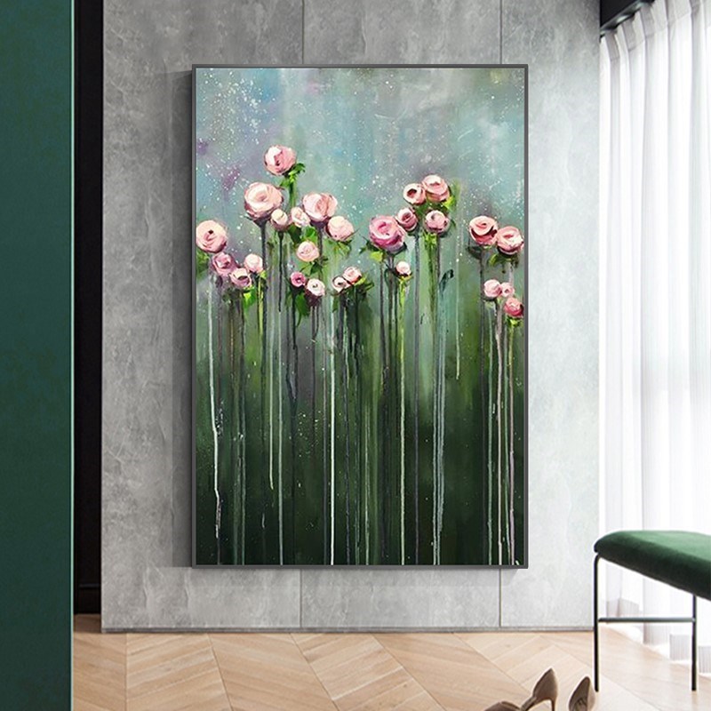 美式手绘玫瑰花卉抽象油画客厅沙发背景墙L挂画轻奢立体玄关装饰图片