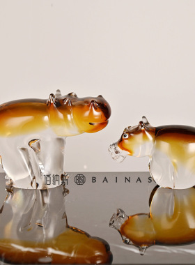 创意动物河马犀牛玻璃摆件样板房儿童房送礼生日礼W物家居装饰品