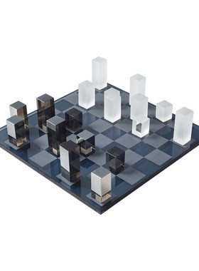 现代简约大理石棋盘水晶几u何摆件样板房售楼处国际象棋轻奢装饰