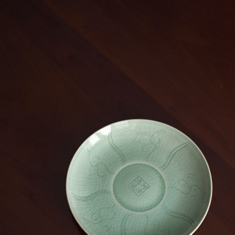 考工茶事 龙泉窑 林p松柴窑彷古梅子青刻花盘河滨遗范 龙泉青瓷